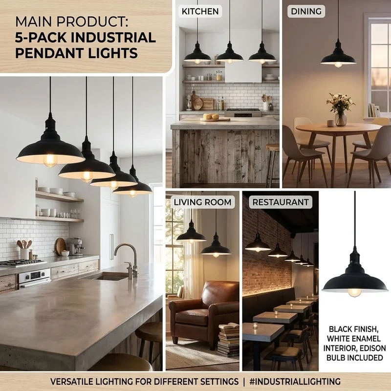 Fabrik Pendelleuchte einzeln | E27 Schwarz Metall Esstisch Lampe |Ø 32cm~4115