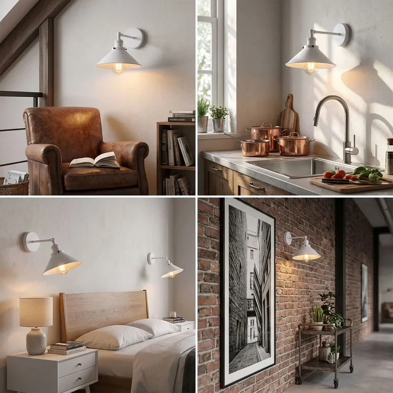 Vintage Wandleuchte weiß E27 Metallkegel lampe für Wohn- & Schlafzimmer~4102