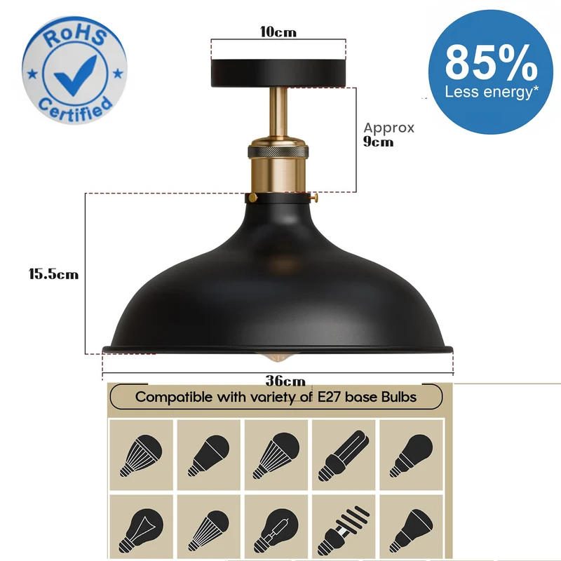 Vintage Werkstattlampe – Industrie Schwarz Deckenleuchte Bündig | Ø 36cm | E27 ~4001
