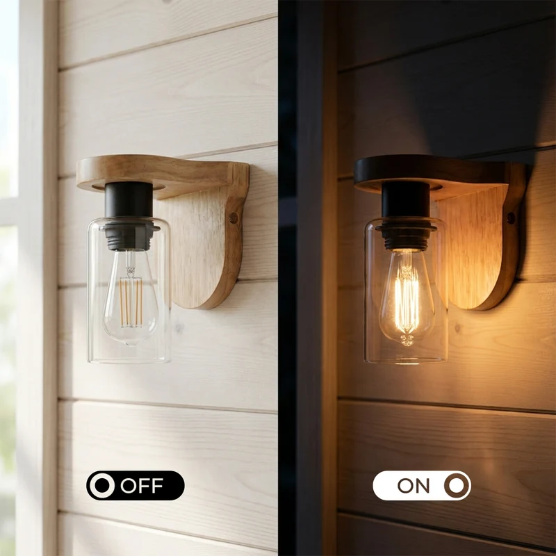 Skandi Holz Wandleuchte mit Klarglas – E27 Vintage Wandlampe für Landhaus ~3697