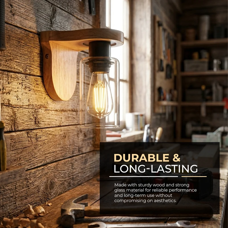 Skandi Holz Wandleuchte mit Klarglas – E27 Vintage Wandlampe für Landhaus ~3697