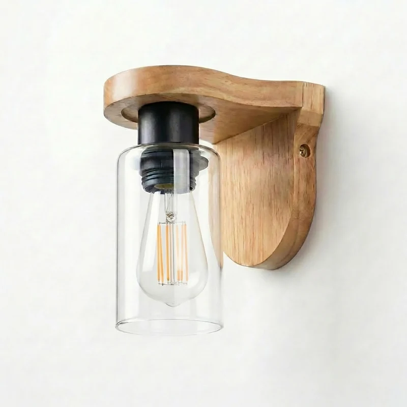 Skandi Holz Wandleuchte mit Klarglas – E27 Vintage Wandlampe für Landhaus ~3697