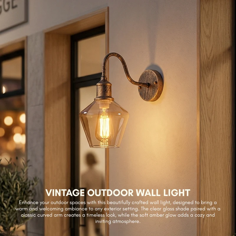 Wandleuchte im Vintage-Industriestil aus Kupfer mit bernsteinfarbenem Glas, E27~3677