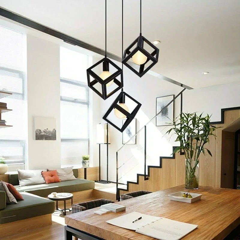 3 Kopf Schwarz Quadratisch Drahtkäfig Pendelleuchte~3499