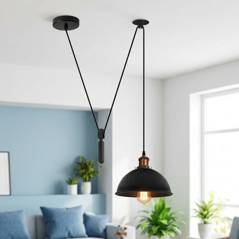 Höhenverstellbare Pendelleuchte – Vintage Seilzug Schwarze Hängelampe | Ø 21cm | E27 ~3961