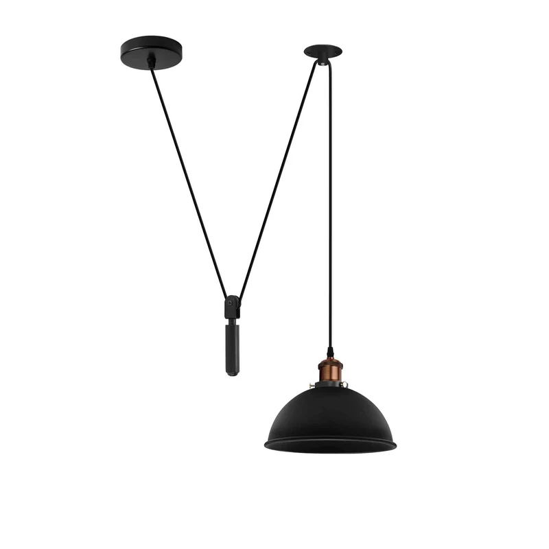 Höhenverstellbare Pendelleuchte – Vintage Seilzug Schwarze Hängelampe | Ø 21cm | E27 ~3961