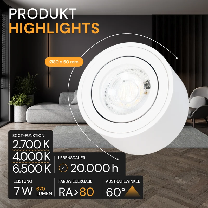 LED Aufbauspot, 7 W, 670 lm, 3CCT, dimmbar, schwenkbar, Aluminium, weiß
