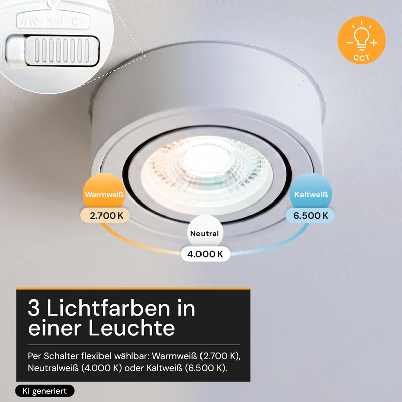 LED Aufbauspot, 7 W, 670 lm, 3CCT, dimmbar, schwenkbar, Aluminium, weiß