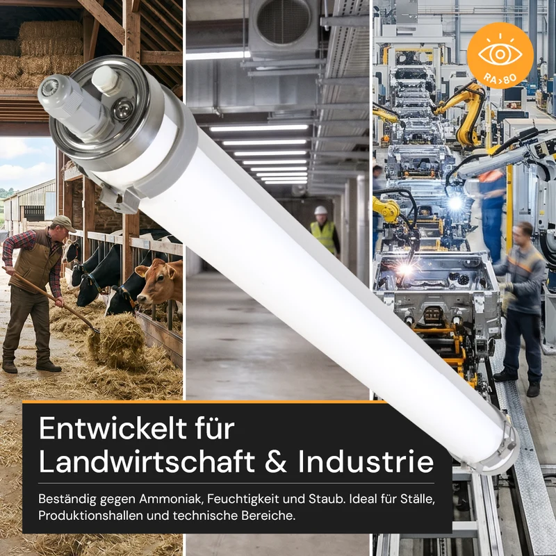 LED-Feuchtraumleuchte, 120 cm, 34 W, 5100 lm, 4000 K, IP69K, ammoniakbeständig, Brandschutz, durchschleifbar, Rohrleuchte