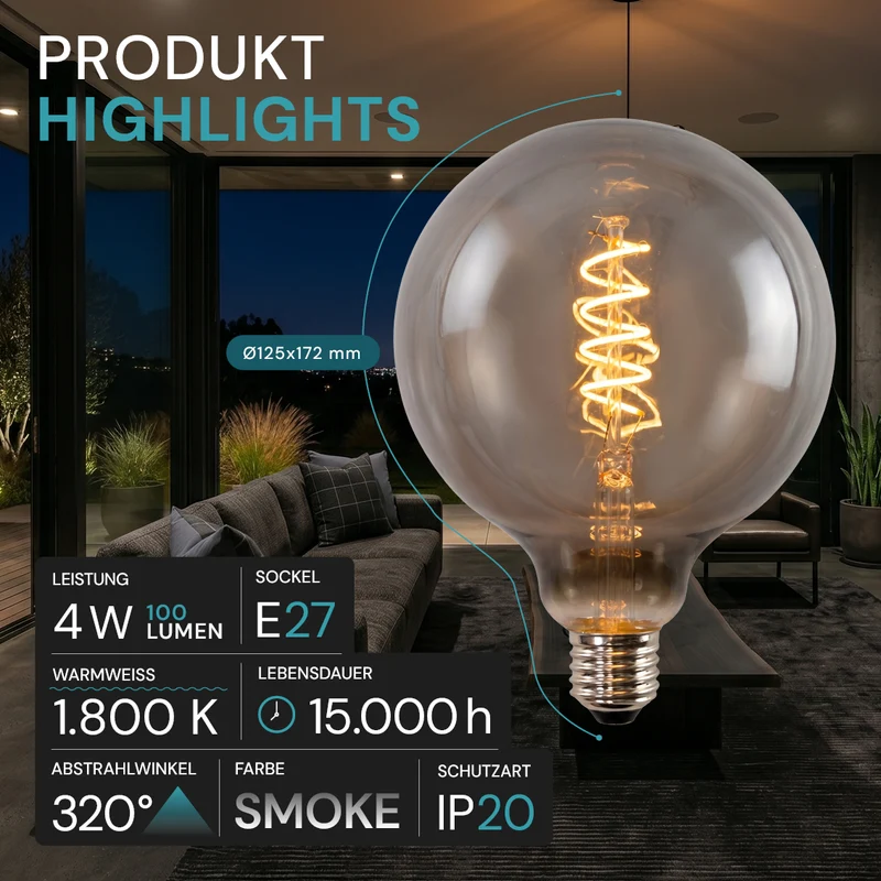 LED Filament Leuchtmittel, BULB, G125, E27, 4 W, 100 lm, 1800 K, dimmbar
