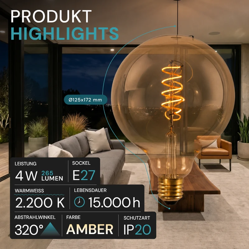 LED Filament Leuchtmittel, BULB, G125, E27, 4 W, 265 lm, 2200K, dimmbar