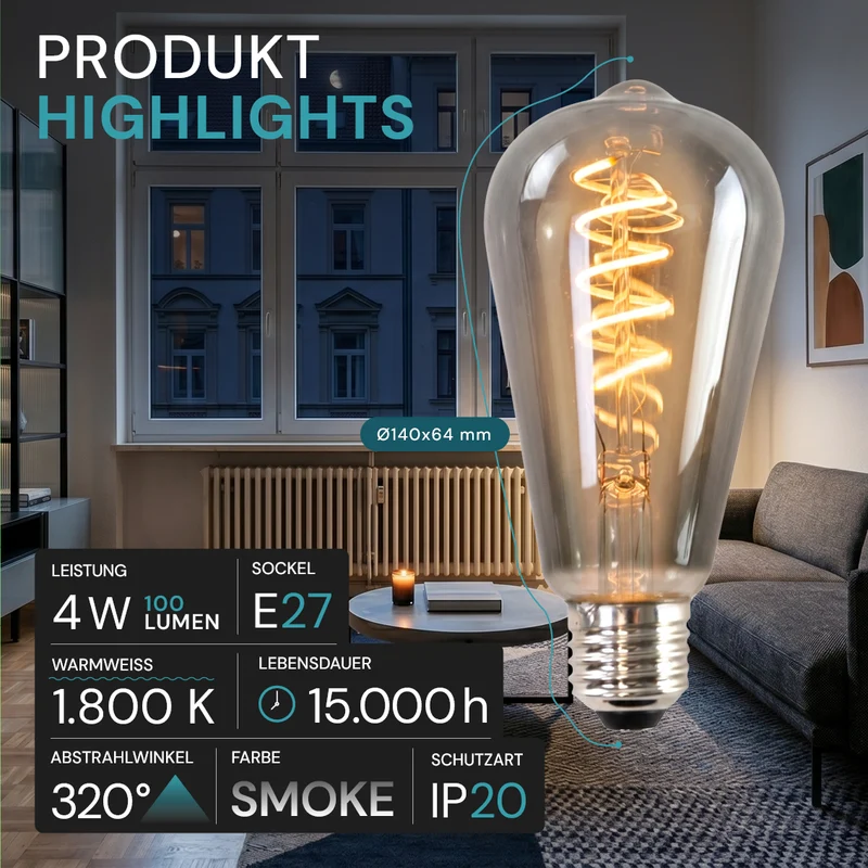LED Filament Leuchtmittel, SPIRAL, ST64, E27, 4 W, 265 lm, 1800K, dimmbar