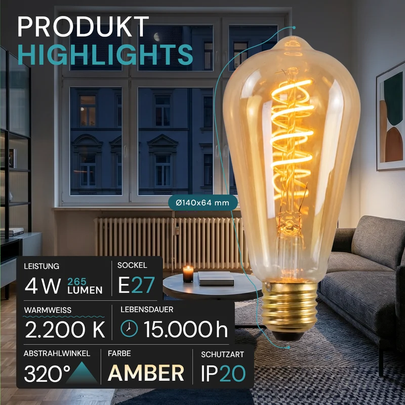 LED Filament Leuchtmittel, SPIRAL, ST64, E27, 4 W, 265 lm, 2200K, dimmbar