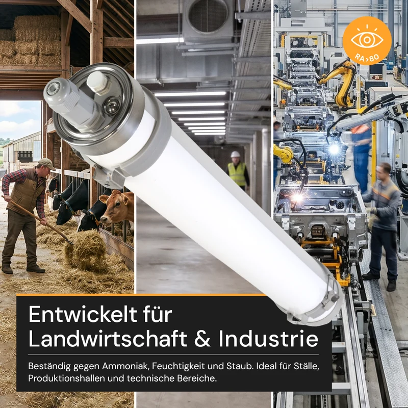 LED-Feuchtraumleuchte, 60 cm, 18 W, 2520 lm, 4000 K, IP69K, ammoniakbeständig, Brandschutz, durchschleifbar, Rohrleuchte