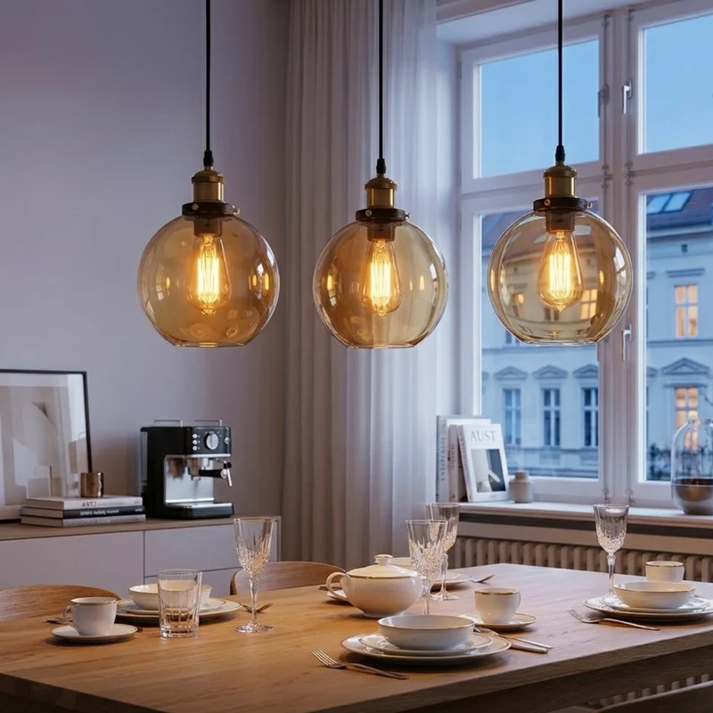 Bernstein Glas-Kugelpendelleuchte mit Elegante antikem Messing~3750