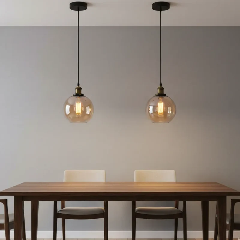 Bernstein Glas-Kugelpendelleuchte mit Elegante antikem Messing~3750