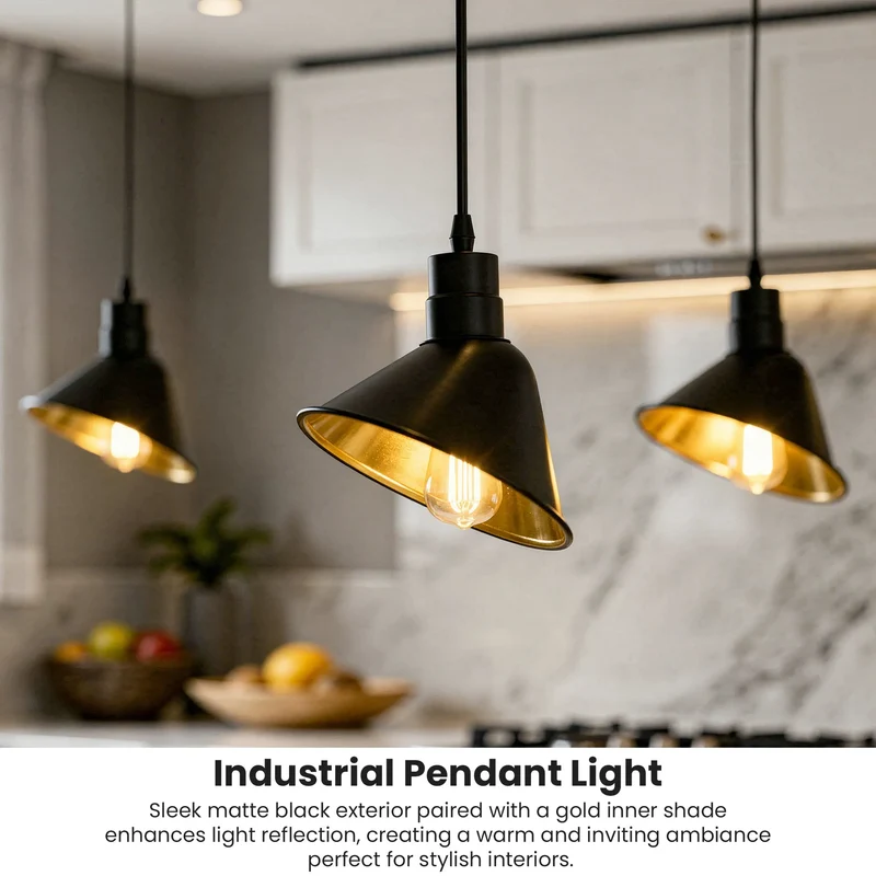 Industrielle schwarze Gold Pendelleuchte E27 Metall Deckenlampe~3705