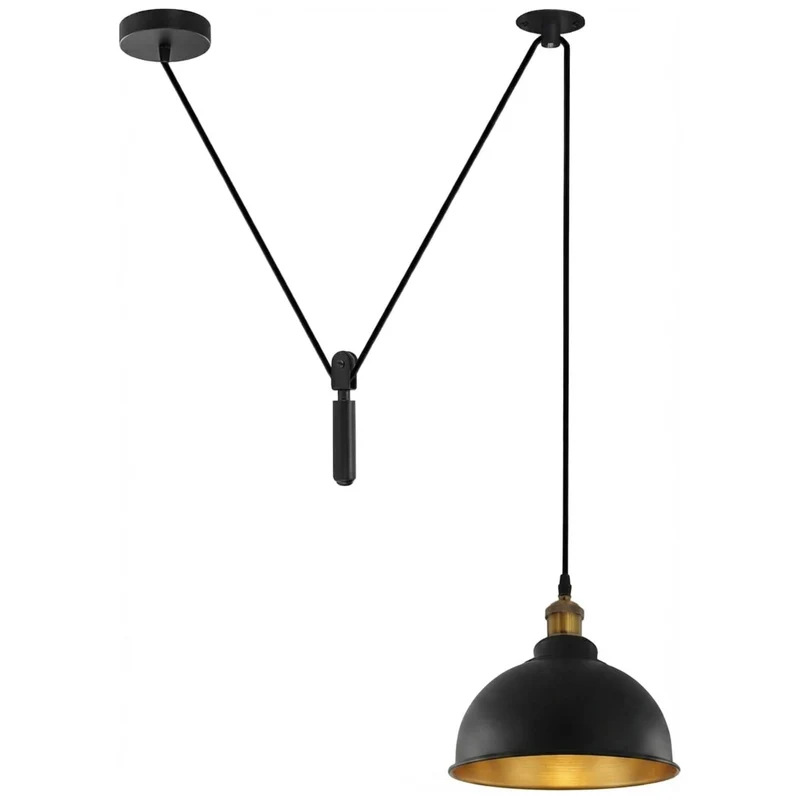 Höhenverstellbare Pendelleuchte Schwarz Gold – Vintage Seilzug | Ø21cm | E27 ~4077