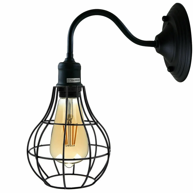 Vintage Wandleuchte Metall Käfig | Retro Schwanenhals Lampe Schwarz ~4074