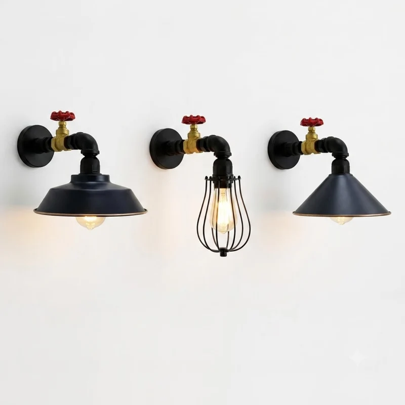 Wasserrohr Wandleuchte Steampunk Schwarz | Loft Bar Wandlampe Metall~3880
