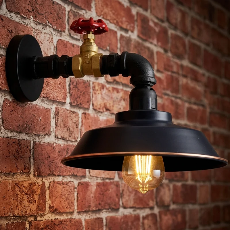 Wasserrohr Wandleuchte Steampunk Schwarz | Loft Bar Wandlampe Metall~3880
