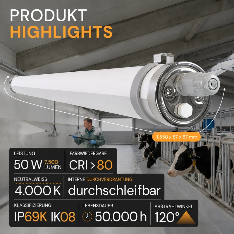 LED-Feuchtraumleuchte, 150 cm, 50 W, 7500 lm, 4000 K, IP69K, ammoniakbeständig, Brandschutz, durchschleifbar, Rohrleuchte