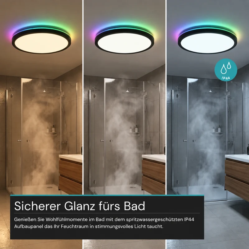 RGB Panel Up&Down, 15W, 1550lm, IP44, ø283x28mm, 3000-6500 K (CCT), dimmbar, schwarz