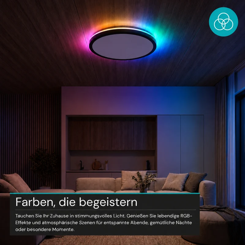 RGB Panel Up&Down, 15W, 1550lm, IP44, ø283x28mm, 3000-6500 K (CCT), dimmbar, schwarz
