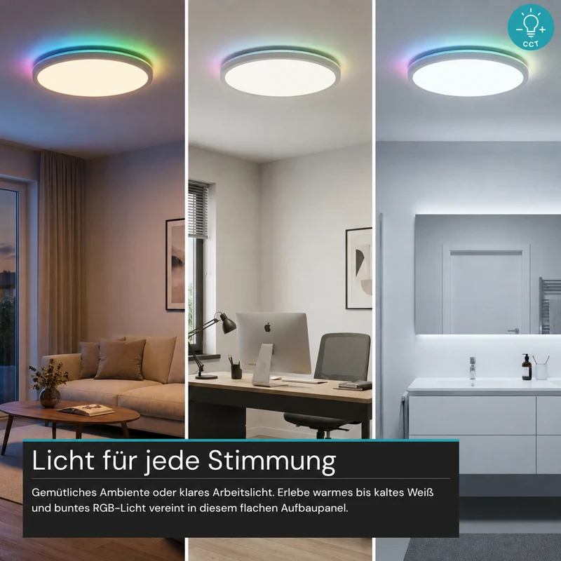 RGB Panel Up&Down, 15W, 1550lm, IP44, ø283x28mm, 3000-6500K (CCT), dimmbar, weiß