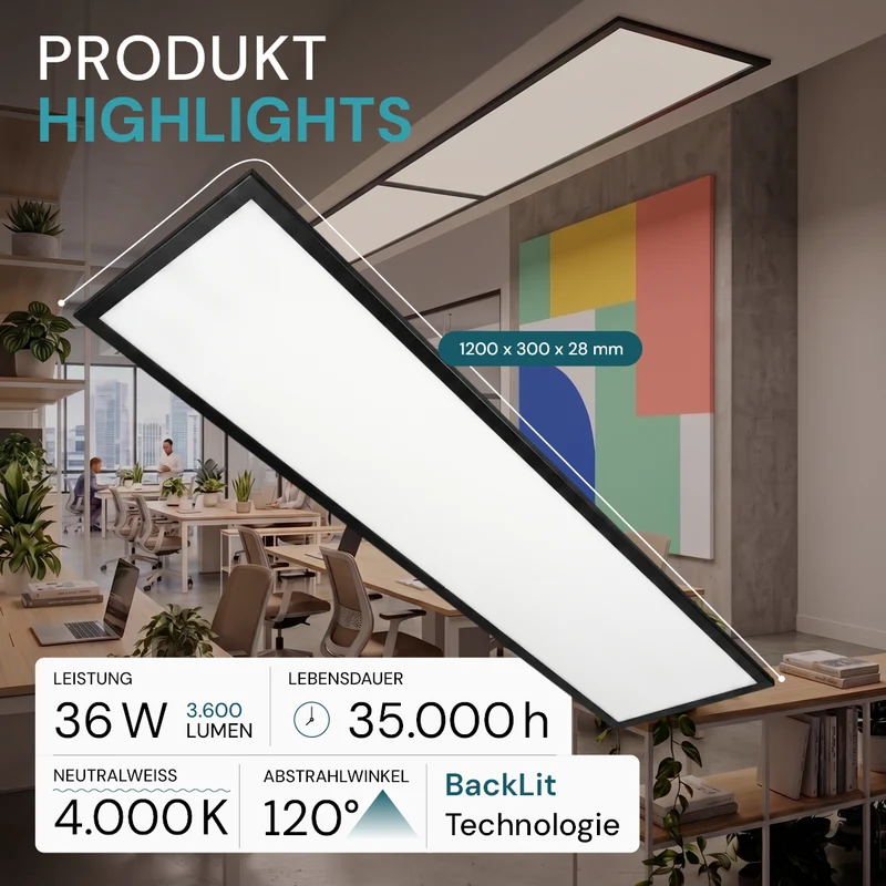 LED-Panel, Backlit, 120x30 cm, schwarz, 36W, 3600lm, 4000K