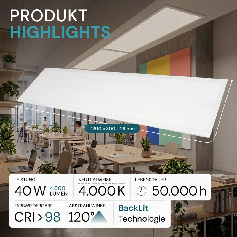 2er Pack LED BackLit Panel, 120x30 cm, CRI98, 40W, 4000lm, 4000K