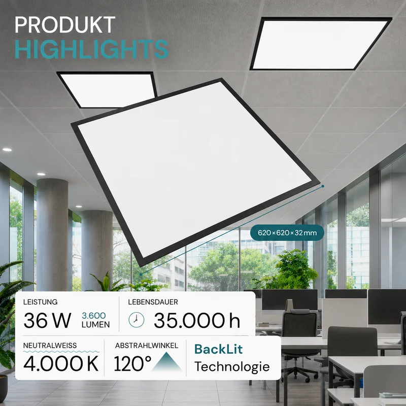 6er Pack LED BackLit Panel, 62x62 cm, schwarz, 36W, 3600lm, 4000K