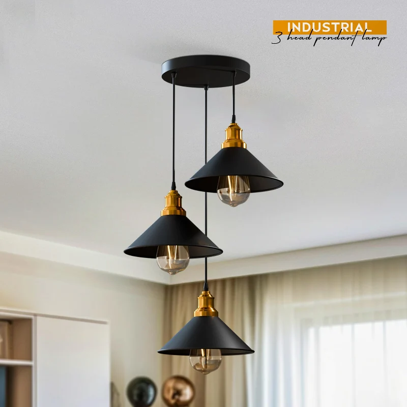 3-flammige Vintage Pendelleuchte Schwarz E27 Retro ~3909
