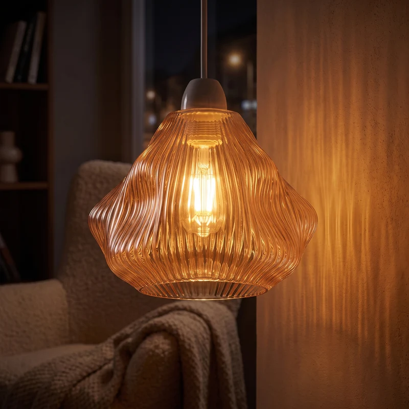 Pendelleuchten-Lampenschirm aus bernsteinfarbenem, gewelltem Glas, E27-Fassung~4017