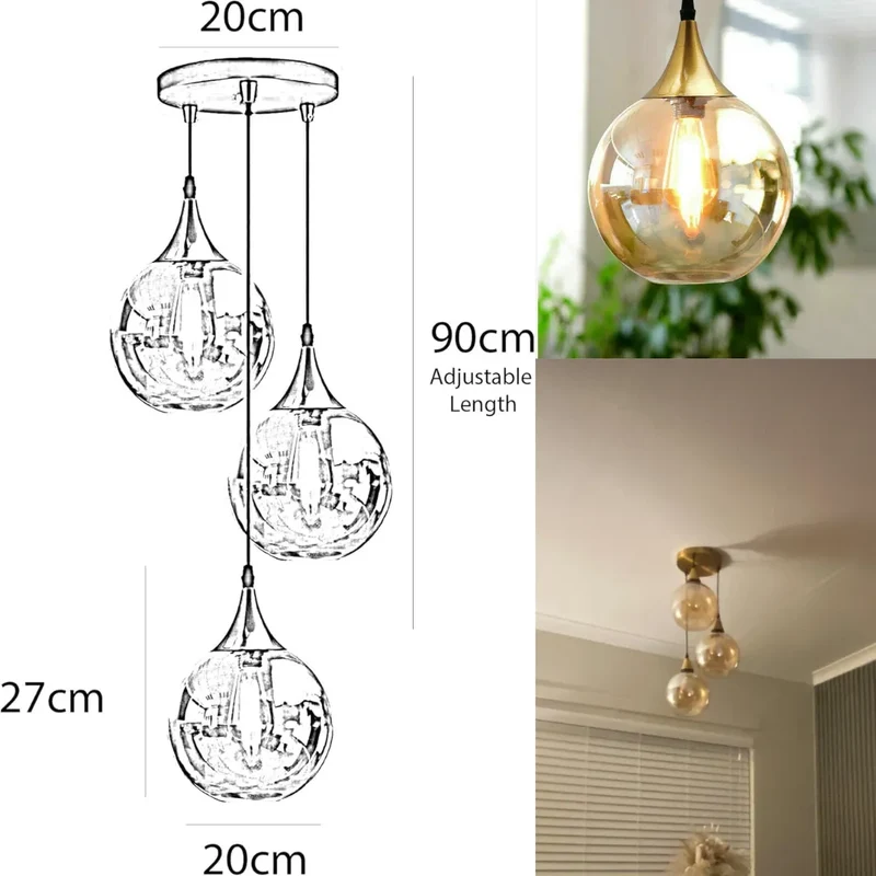 3 Flammige Pendelleuchte Glastropfen Rauchglas E27 ~3672
