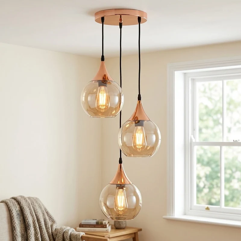 3 Flammige Pendelleuchte Glastropfen Rauchglas E27 ~3672