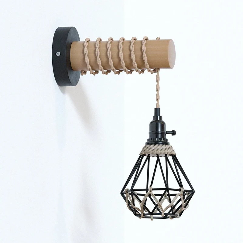 Vintage Wandleuchte Holz – Industrie Seillampe Käfig Wandlampe | E27 ~3631