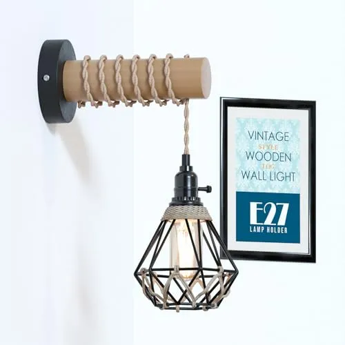 Vintage Wandleuchte Holz – Industrie Seillampe Käfig Wandlampe | E27 ~3631