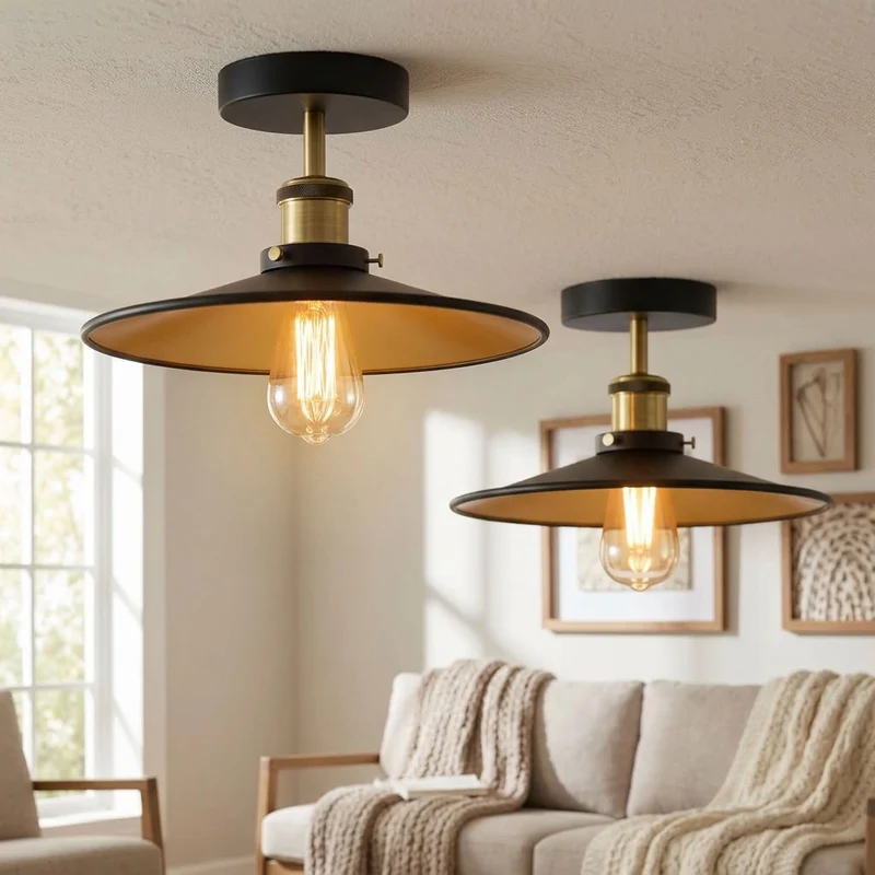 Flach Deckenleuchte Halbbündig Schwarz Gold | E27 Retro Wohnzimmer Lampe set~3600