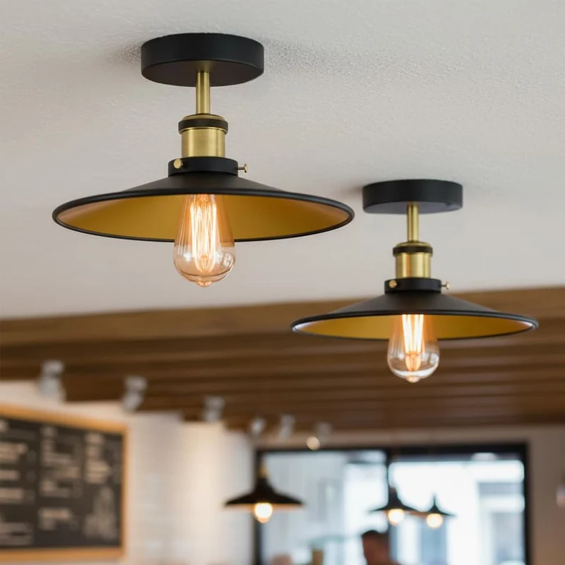 Flach Deckenleuchte Halbbündig Schwarz Gold | E27 Retro Wohnzimmer Lampe set~3600