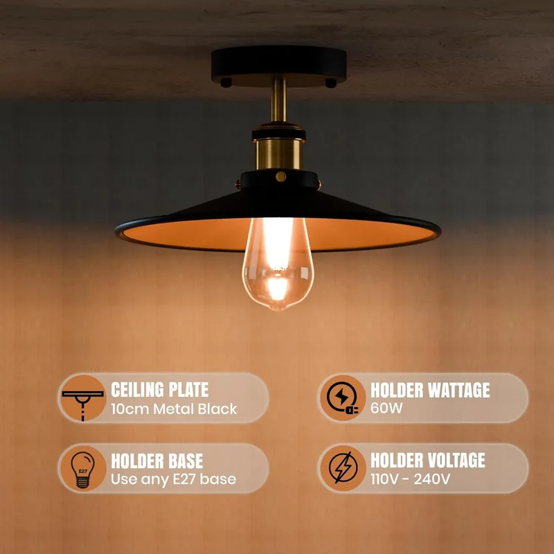 Flach Deckenleuchte Halbbündig Schwarz Gold | E27 Retro Wohnzimmer Lampe set~3600