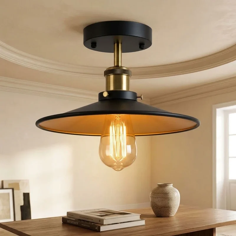 Flach Deckenleuchte Halbbündig Schwarz Gold | E27 Retro Wohnzimmer Lampe set~3600