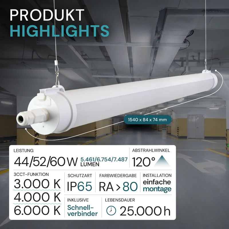 LED Feuchtraumleuchte, 150 cm, 60W-52W-44W einstellbar, max. 7487lm, 3CCT,IP65, IK08, rund, durchschleifbar