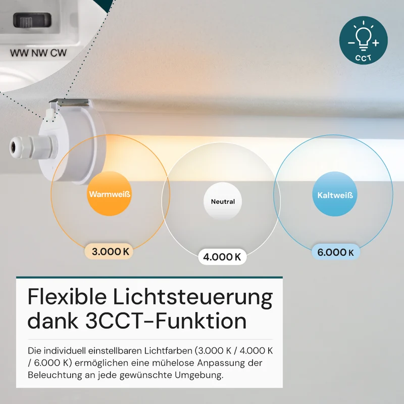 LED Feuchtraumleuchte, 120 cm, 40W-34W-28W einstellbar, max. 5558 lm, 3CCT,IP65, IK08, rund, durchschleifbar