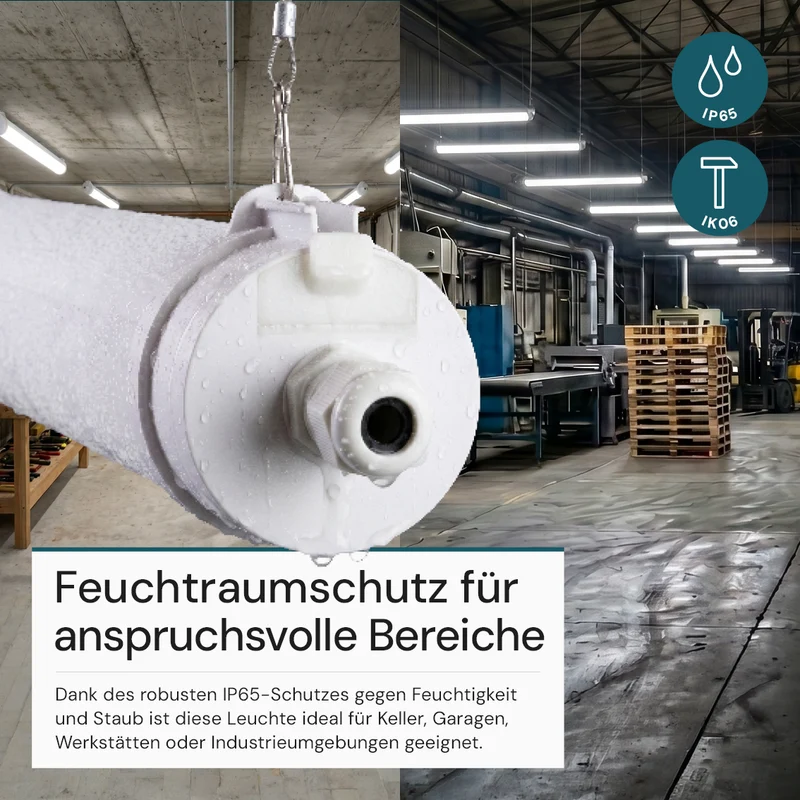 LED Feuchtraumleuchte, 120 cm, 40W-34W-28W einstellbar, max. 5558 lm, 3CCT,IP65, IK08, rund, durchschleifbar