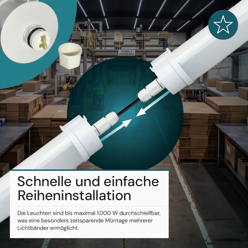 LED Feuchtraumleuchte, 120 cm, 40W-34W-28W einstellbar, max. 5558 lm, 3CCT,IP65, IK08, rund, durchschleifbar