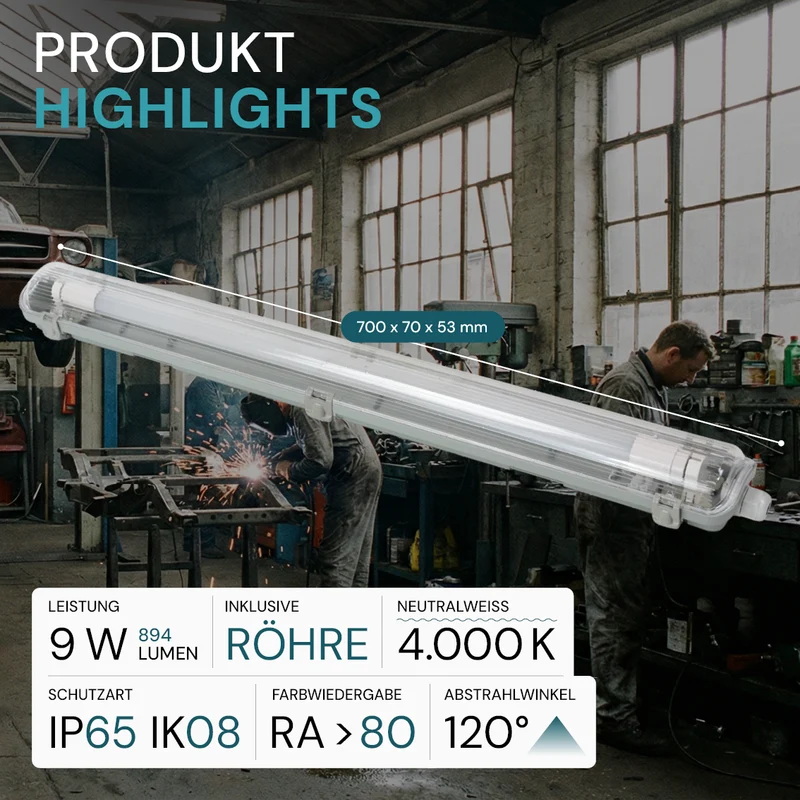 LED Wannenleuchte 60 cm, inkl 1 x 9W LED-Röhren T8, 4000K, IP65, IK08