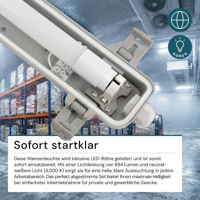 LED Wannenleuchte 60 cm, inkl 1 x 9W LED-Röhren T8, 4000K, IP65, IK08