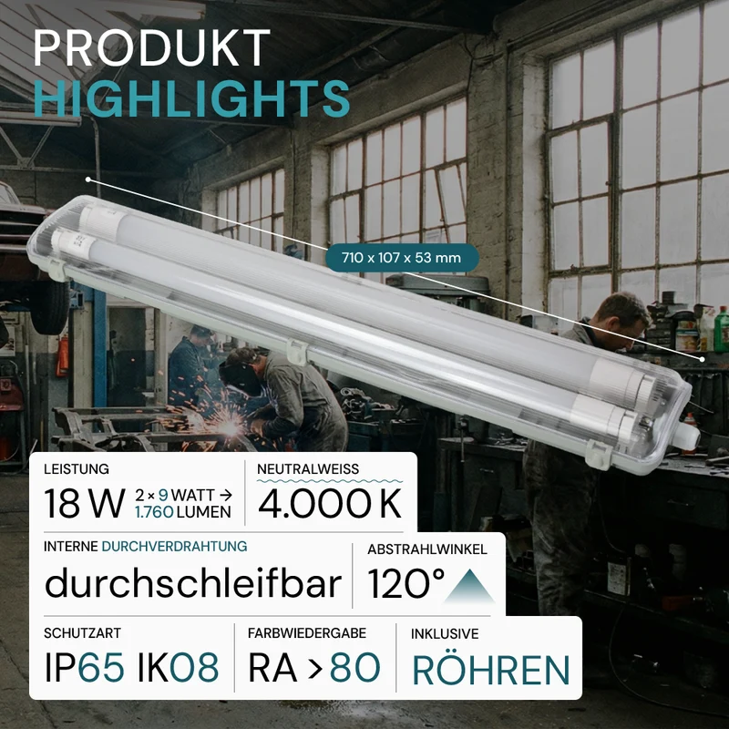 LED Wannenleuchte 60 cm, inkl 2 x 9W LED-Röhren T8,durchschleifbar, 4000K, IP65, IK08