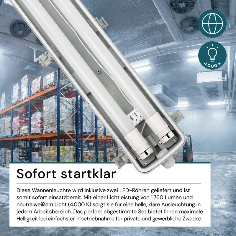 LED Wannenleuchte 60 cm, inkl 2 x 9W LED-Röhren T8,durchschleifbar, 4000K, IP65, IK08